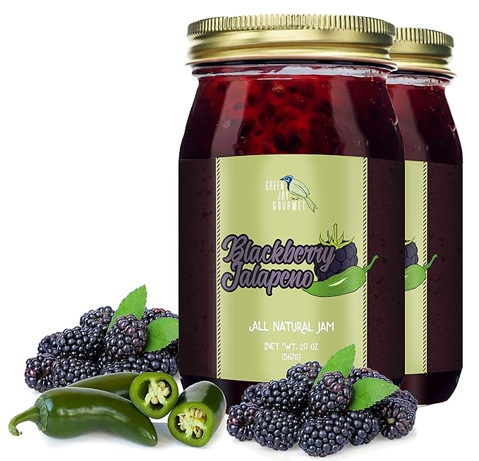Green Jay Gourmet Blackberry Jalapeño Jam - All-Natural Blackberry Jam w/ Fresh Blackberries, Jalapeño Peppers & Lemon Juice - Vegan, Gluten-free Jam w/ No Preservatives - Made in USA - 2 x 20 Ounces