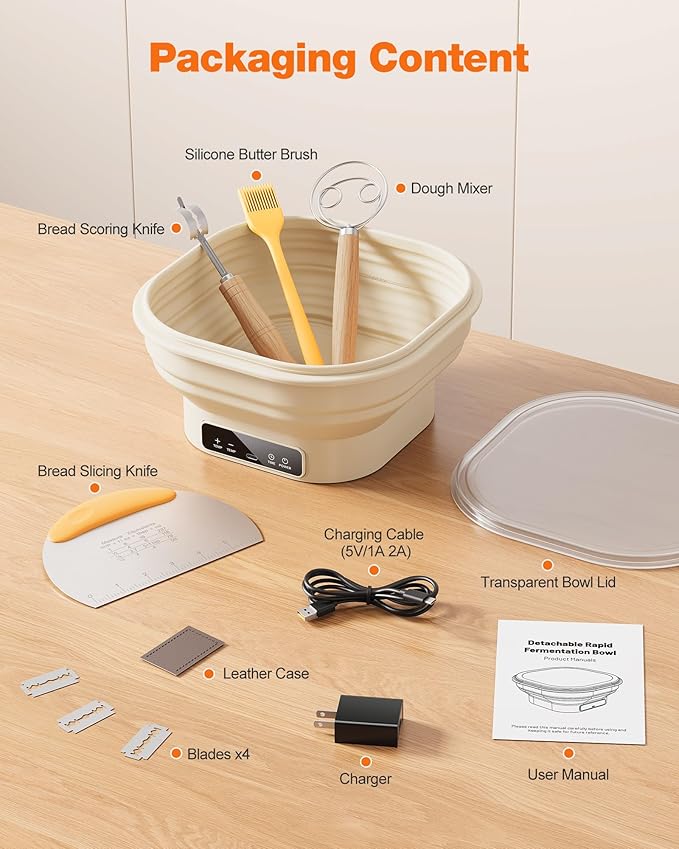 Heating Banneton Bread Proofing Basket, SMOOTHARMOR Electric Silicone Sourdough Starter Kit, 2L Foldable Thermostatic Sourdough Bread Baking Supplies, Timer & 6 Temp Settings, Dishwasher Safe, 7 Tools