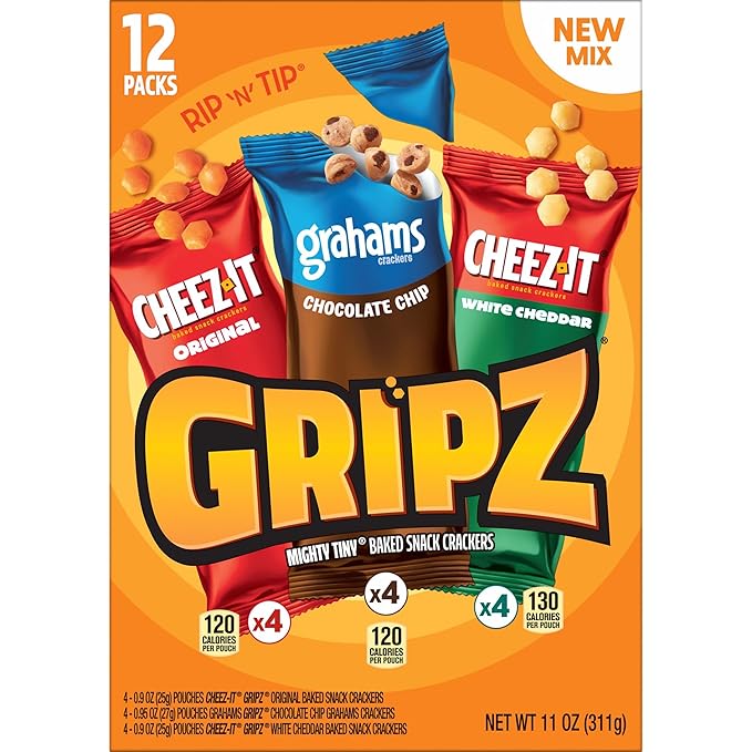 Gripz Mini Baked Snack Crackers, Sweet and Salty Snacks, Variety Pack, 11oz Box (12 Pouches)