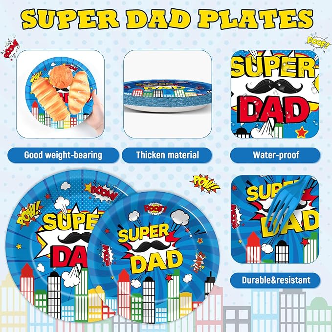 96Pcs Happy Fathers Day Paper Plates and Napkins Super Dad Party Decorations Super Theme Dessert Plates Hero Cityscape Birthday Tableware for 24 Guests Papa Grandpa Best Dad Daddy Men Party Supplies