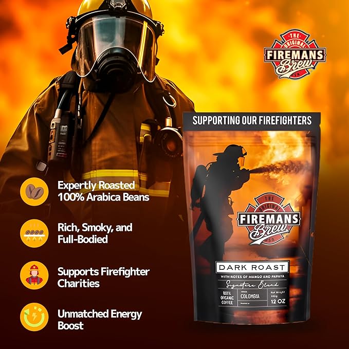 Firemans Brew Dark Roast Coffee ??Bold & Robust Ground Coffee ??100% Arabica Beans, Rich, Full-Bodied Flavor ??Freshly Roasted Gourmet Coffee ??Low Acid, Small Batch Coffee ??Supports Firefighter Causes