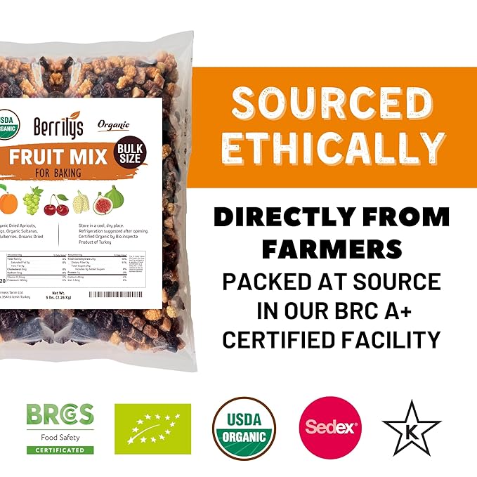 Fruit Mix, Organic, 5 Lbs, Berrilys, Dried Fruits, Diced Figs, Diced Apricots, White Mulberries, Sultanas, Sour Cherries, No Sugar Added, Trail Mix for Baking and Snacking