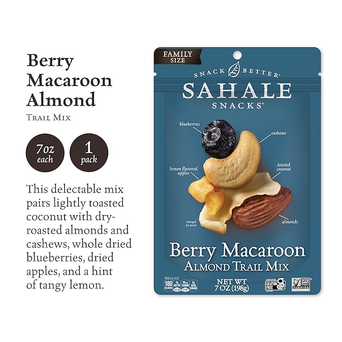 Sahale Snacks Berry Macaroon Almond Trail Mix, 7 oz Pouches (1 Pack) - Dry-Roasted Deluxe Mixed Nuts - Coconut, Blueberries & Apples - Non-GMO, Kosher Trail Mix & Certified Gluten-Free Snacks