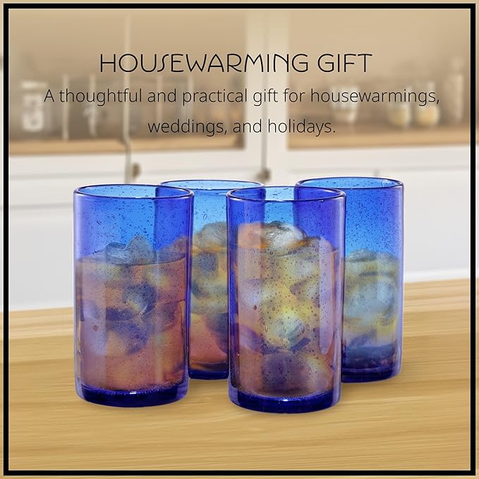 Artland 17oz Highball Tumbler, Set of 4 | Iris Seeded Design, Cobalt Blue | Drinking Glass for Parties and Everyday Use - Mojito, Whiskey, Cocktail | Glassware & Kitchenware Essentials