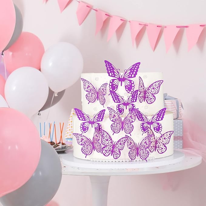 Gyufise 36 Pack Purple 3D Butterfly Cupcake Toppers Hollow Cake Decorations for Birthday Wedding Fairy Party Wall Sticker Decal