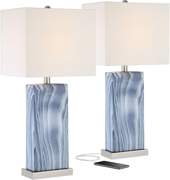 360 Lighting Connie Modern Table Lamps 25" Tall Set of 2 with USB Charging Ports Blue Faux Marble White Rectangular Shade for Bedroom Living Room House Desk Bedside Nightstand Office Family