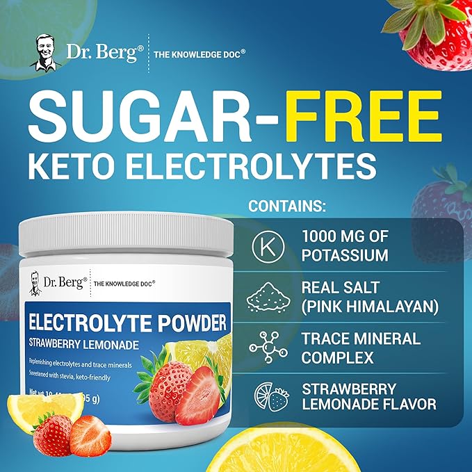 Dr. Berg Zero Sugar Hydration Keto Electrolyte Powder - Enhanced w/ 1000 mg of Potassium & Real Pink Himalayan Salt (NOT Table Salt) - Strawberry Lemonade Hydration Drink Supplement - 50 Servings
