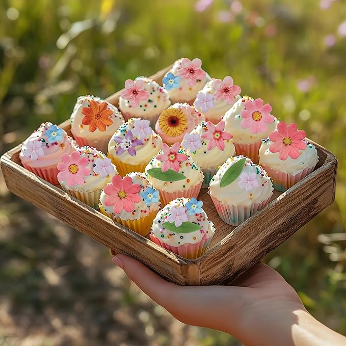 50 PCS Edible Flowers Cupcake Toppers Sunflower Cherry Blossom Green Leaf Cake Toppers Flowers Birthday Decorations for Wedding Themed Party Baby Shower Birthday Cake Decoration Mixed Size & Colour