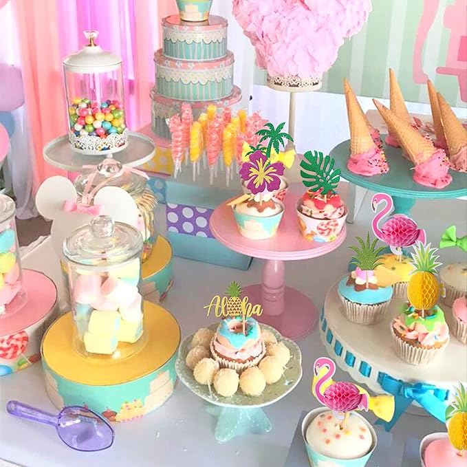 28 PCS Tropical Cupcake Toppers Glitter Leaf Pineapple Flower Palm Tree Flamingo Cupcake Picks Aloha Cake Decorations for Summer Hawaiian Luau Theme Baby Shower Birthday Wedding Party Supplies