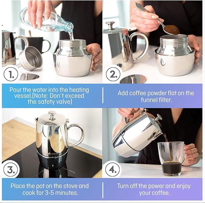 VeoHome Stovetop Espresso Coffee Maker - l Multi-Stove Stainless Steel Induction Moka Pot (300 mL)
