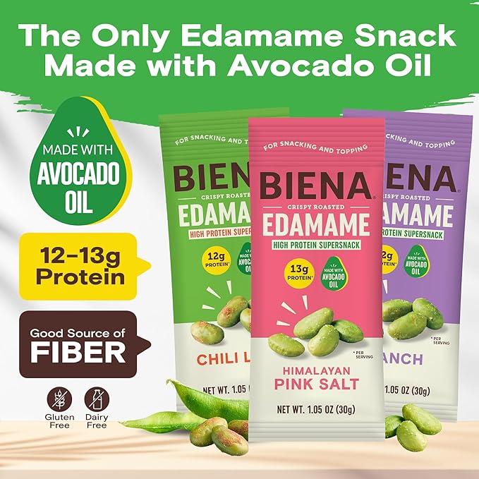 Biena Crispy Roasted Edamame Beans Snack ??High Protein Low Carb Snack for Adults & Kids, 12g-13g Protein per Serving - Made w/Avocado Oil ??Vegan, Gluten-Free ??18-Pack 1.05oz Variety Pack