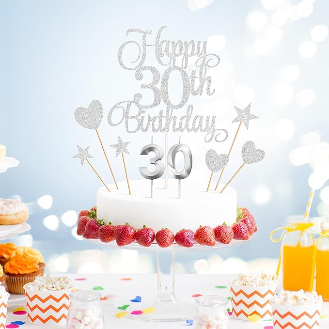 30th Birthday Cake Toppers, 30th Birthday Candles Numeral Candles and Glitter Cake Decorations Toppers Set for Party Supplies (Silver)