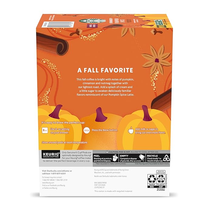 Starbucks K-Cup Coffee Pods, Pumpkin Spice Flavored for Keurig Coffee Makers, 100% Arabica, Limited Edition, 1 Box (22 Pods)