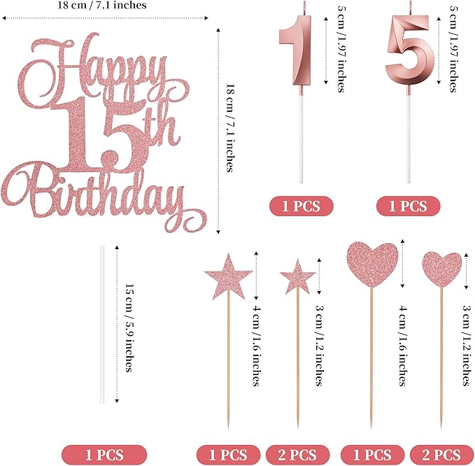 15th Birthday Cake Decorations, 15th Birthday Candles Cake Numeral Candles and Glitter Happy 15th Birthday Cake Toppers Set for Birthday Party Supplies (Rose Gold)