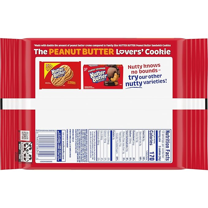 Nutter Butter Double Nutty Peanut Butter Sandwich Cookies, Family Size, 12-15.27 oz Packs