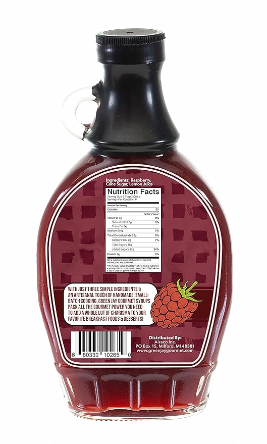Green Jay Gourmet Raspberry Syrup - 3 Ingredient Premium Breakfast Syrup with Fresh Raspberries, Cane Sugar & Lemon Juice - All-Natural, Non-GMO Pancake Syrup, Waffle Syrup & Dessert Syrup - 8 Ounces