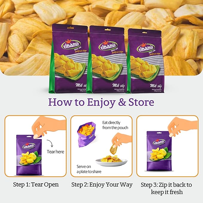 Vinamit Dried Jackfruit Chips | Vacuum Fried Dried Jackfruit | Pack 3 of 3,5 oz Bag | Naturally Sweet & Crispy | Gluten-Free, Vegan, Non GMO | High Fiber Snack | Perfect for Gifting, Travel, Clean Eating
