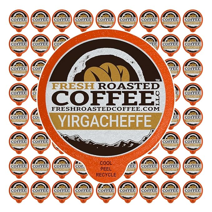 Fresh Roasted Coffee, Ethiopian Yirgacheffe Kochere, Medium Roast, 72 Pods for K Cup Brewers