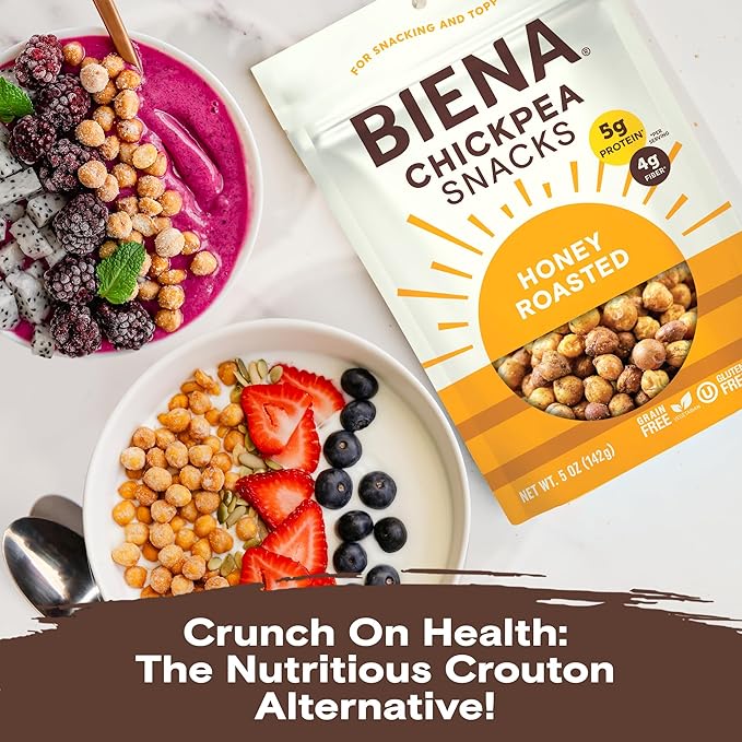 BIENA Chickpea Snacks - Crunchy Roasted Chickpeas - High Fiber Protein Snacks for Adults and Kids - 4-Pack, 5 Ounce Bags - Honey Roasted