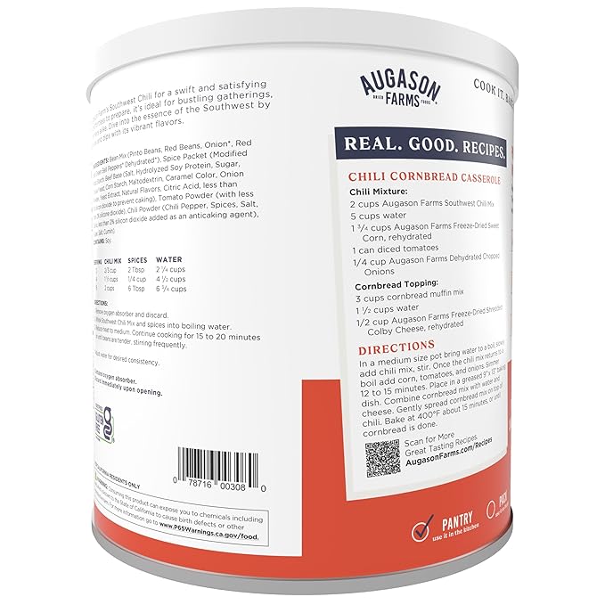 Augason Farms Southwest Chili Mix Can, Certified Gluten Free, Emergency Food Supply, Everyday Meals, 34 Servings