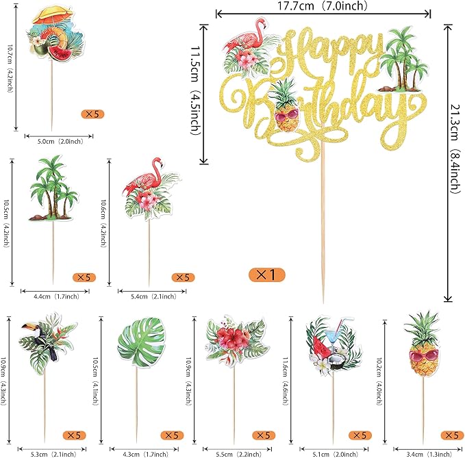 41 Pack Happy Birthday Cupcake Toppers Glitter Flamingo Plam Tree Pineapple Cupcake Picks Summer Beach Tropical Luau Cupcake Decorations for Summer Theme Birthday Party Supplies