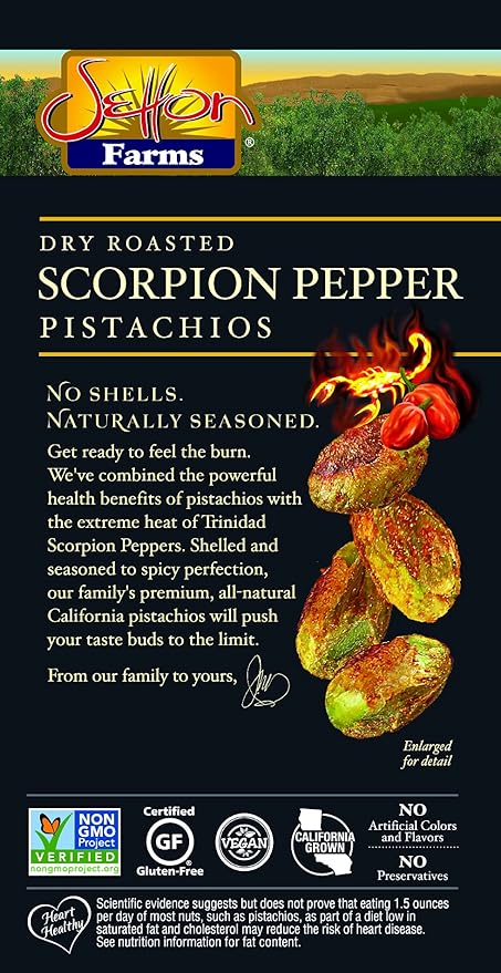 Setton Farms Pistachios, Scorpion Pepper Extreme Flavor, Naturally Seasoned, Dry Roasted No Shell, Non-GMO Project Verified, Gluten Free, Vegan, Kosher, 5 Oz (Pack of 2)