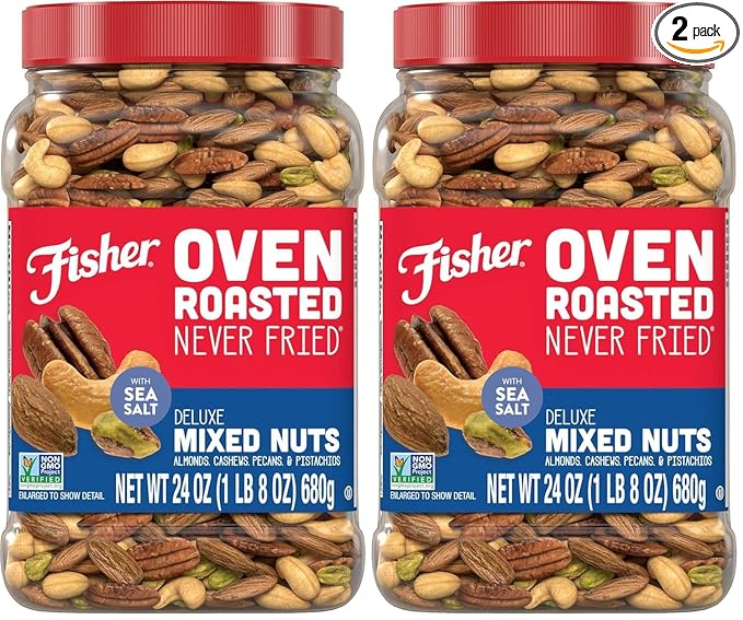Fisher Oven Roasted Never Fried Deluxe Mixed Nuts, 24 Ounces (Pack of 2), Almonds, Cashews, Pecans, Pistachios, Snacks for Adults, Made With Sea Salt, No Added Oil, Artificial Ingredients or Preservatives, Trail Mix, Gluten Free