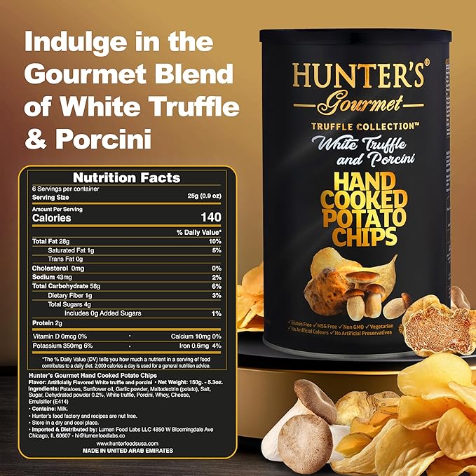 Hunter's Gourmet Premium Truffle Chips | No Artificial Colors or Preservatives | Hand-Cooked | Made with 100% Sunflower Oil | White Truffle & Porcini | Gluten-Free Snacks | Pack of 1 | 150g
