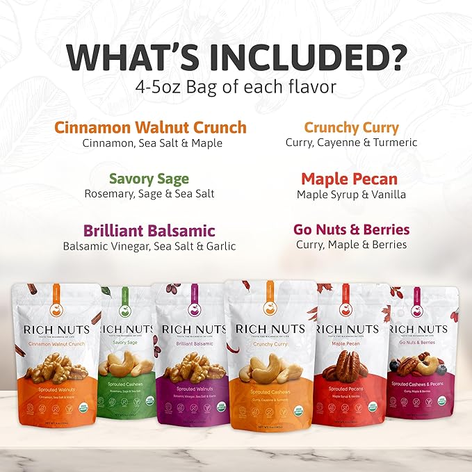 Rich Nuts Variety Pack Sprouted Nuts | Gourmet Flavored Pecans, Walnuts, and Trail Mix | Vegan, Paleo and Keto Friendly | Non-Roasted from Dehyrdated Germinated Raw, Whole Nuts | 4-5 Oz Bags (6 Pack)