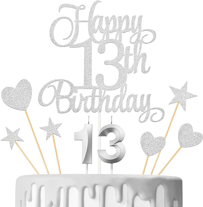 13th Birthday Cake Decorations, 13th Birthday Candles Cake Numeral Candles and Glitter Happy 13th Birthday Cake Toppers Set for Birthday Party Supplies (Silver)