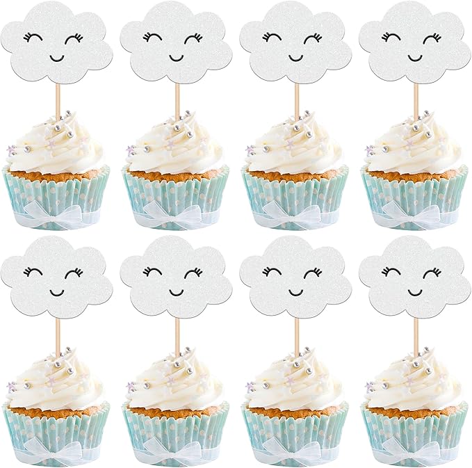 24 PCS White Cloud Cupcake Toppers Glitter Smile Clouds Cupcake Picks Cloud Cake Decorations for Clouds Theme Baby Shower Birthday Party Cake Decorations Supplies