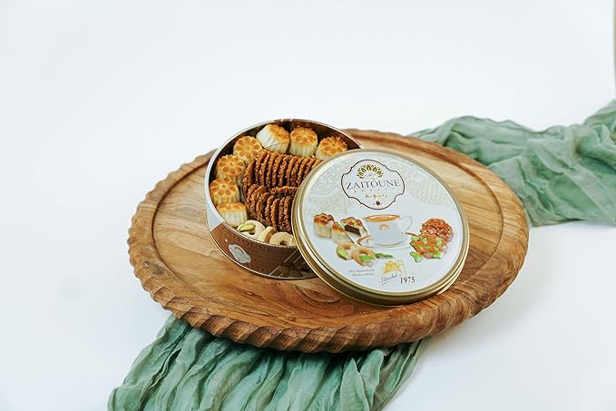 Zaitoune Premium Mini Mixed Cookies - 9 oz | Bite-Sized Date Maamoul, Barazek & Ghraybeh Cookie Mix | Handcrafted in Turkey | Beautiful Reusable Gift Tin | Perfect with Tea | Great Sharing Present