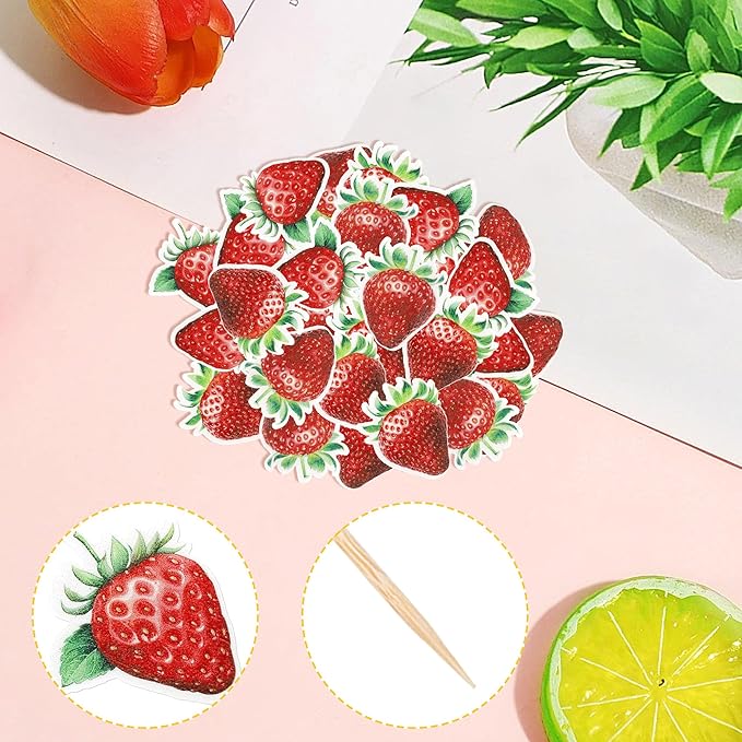 60 Pack Edible Sweet Strawberry Cupcake Toppers Rice Paper Wafer Paper First Birthday Strawberry Cake Picks for Fruit Baby Shower Birthday Berry Sweet Kids Birthday Cake Decorations
