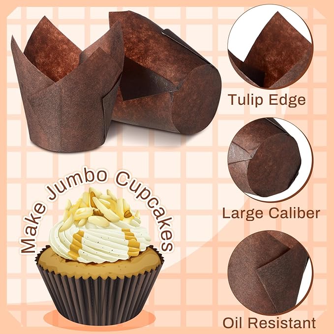 300 Pcs Jumbo Muffin Liners for Baking 2-1/4" x 4" Large Tulip Cupcake Liners Greaseproof Cupcake Wrapper Paper for Weddings Birthday Christmas Anniversaries Party (Brown)