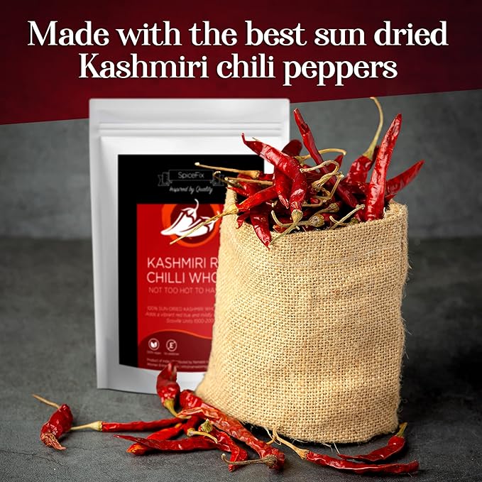 SpiceFix - Whole Kashmiri Red Chilli Pepper, Mild to Medium Heat Natural Stemless Chillies, Sun-Dried Red Pepper, Indian Dried Chili Peppers in a Resealable Bag, 2.6 Ounces