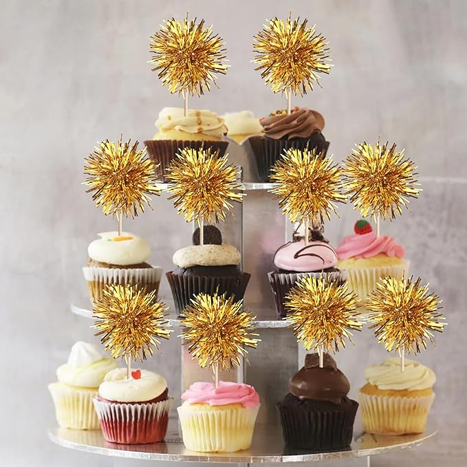 40 PCS Foil Firework Cupcake Toppers Fireworks Cupcake Picks Sparkle Tinsel Cake Decorations Cocktail Fruit Toothpick for Firework Theme Birthday Wedding Graduation Party Decorations Supplies Gold