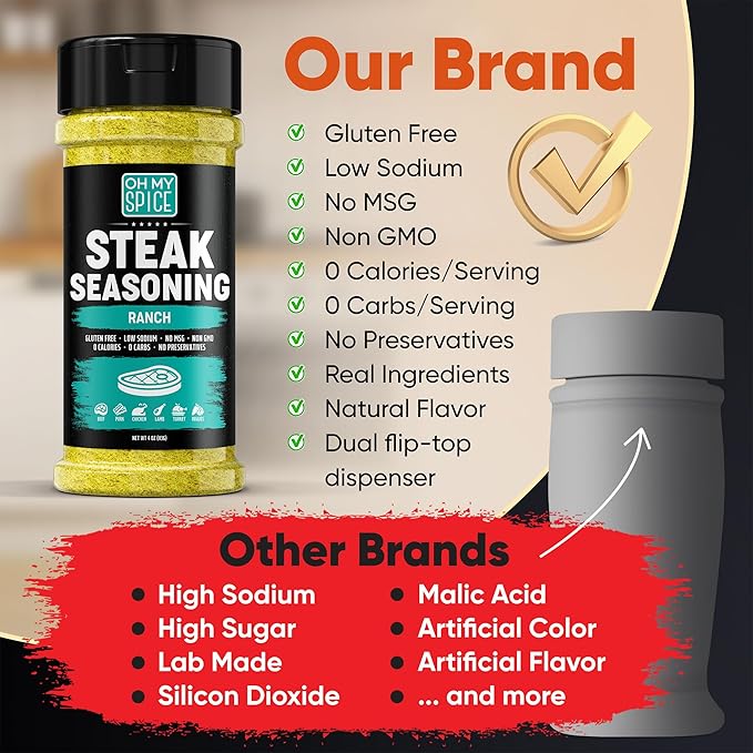 Steak Seasoning Ranch Seasoning Powder Mix - Gluten Free & Low Sodium Meat Seasonings Blend for Beef, Ribeye, T Bone & NY Strip Steaks. Ranch Powder Steak Seasonings for Grilling. BBQ Rub Spices. 4oz