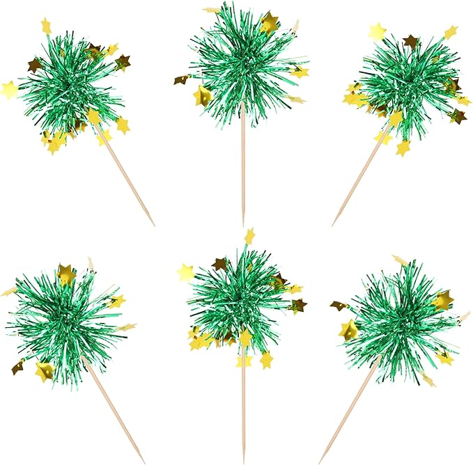 Rsstarxi 30 Pack Foil Firework Cupcake Toppers Birthday Sparkle Tinsel Drink Cake Decorations Cocktail Picks for New Years Valentine's Day Birthday Wedding Graduation Party Decorations Green