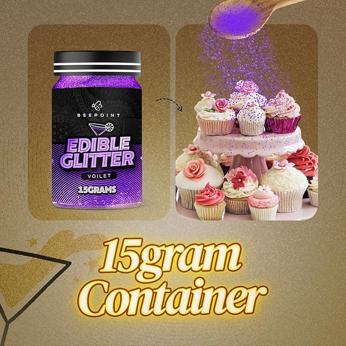 BeePoint Violet Edible Glitter for Drinks 15g - Food Grade, Vibrant Color Shimmer Powdered Dust for Drinks, Cocktails, Cake Decorating, Baking, Chocolates, Candy, Sweets, & Cookies - Vegan & Gluten Free