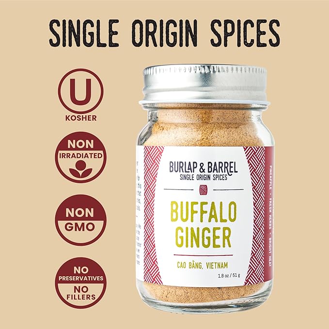Burlap & Barrel Buffalo Ginger - Spicy, Fruity and Intense Heirloom Ginger Powder with a Bite - Add to Stir Fries, Soups, and Teas - Mother's Day Gift Ideas - 1.8oz Glass Jar