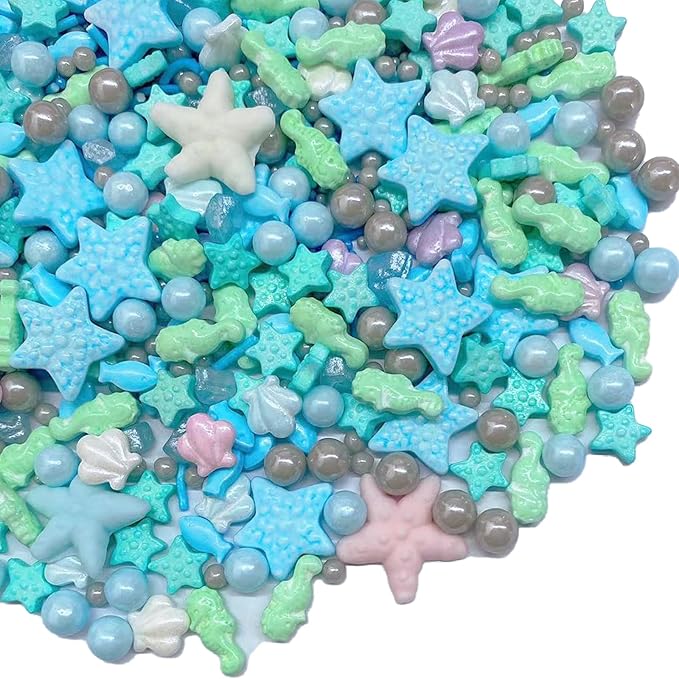 Sentovac Ocean Sprinkle Edible Cake Decorating Hippocampi Starfish Shell Fish Pearl Candy Mix Blue Sprinkle for Cake Cupcake Topper Cookie Baking Decorations Sea Theme Party Birthday Supplies