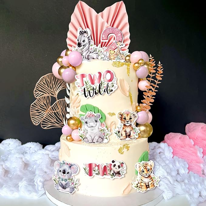 40 PCS Two Wild Cake Topper 2nd Birthday Party Girl Safari Animal Cake Decorations Pink Two Wild 2 Birthday Decor Jungle Cake Toppers Baby Shower