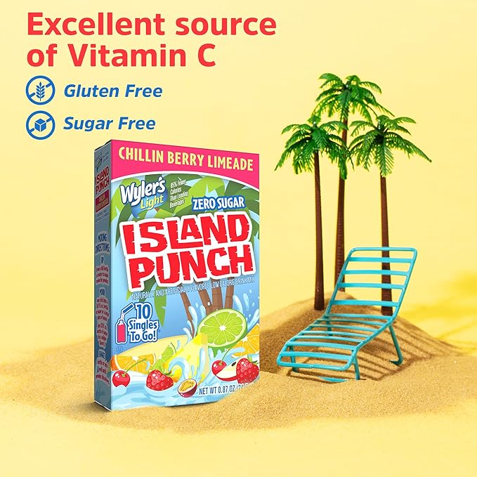 Wyler's Light Island Punch Singles To Go, Water Drink Mix, Chillin Berry Limeade, 10 Count, Pack Of 12 (120 Single Servings)