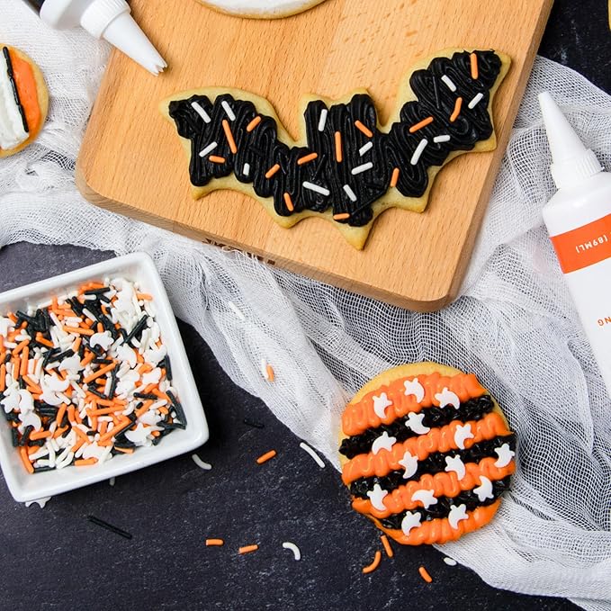 Halloween Frosting Kit with Sprinkles & Eyeballs ??11.31 oz Decorating Set with 3 Frosting Tubes (Orange, Black, White), 4 Nozzles & 2 oz Sprinkle Mix ??Cookie & Cupcake Kit for Kids & Families