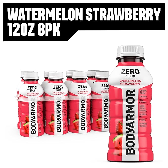 BODYARMOR ZERO Sugar Watermelon Strawberry, Sugar Free Sports Drink - Low-Calorie Hydration - Natural Flavors with Potassium Packed Electrolytes, Antioxidants, and B-vitamins, 12 fl oz (Pack of 8)