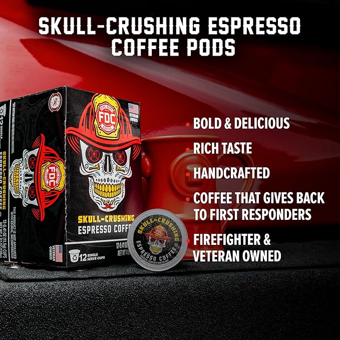 Fire Department Coffee - Gives Back to Firefighters - Skull Crushing Espresso Coffee Pods - Full-Bodied & Bold - Roasted in the USA - Premium Espresso K Cups - Veteran Owned - 12 Single Pods