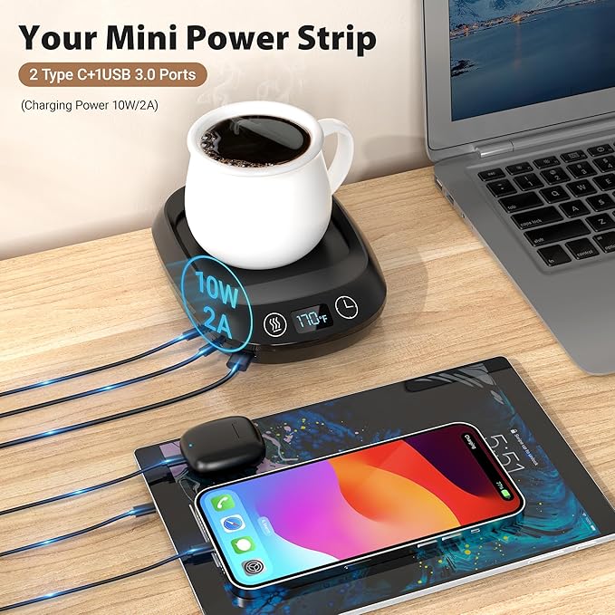 Coffee Mug Warmer,70W Coffee Warmer with 3 Charging Ports, Gravity Switch, with 3 Temperature Settings/Auto Shut-Off Function, Electric Beverage Warmer for Keep Coffee|Tea Hot