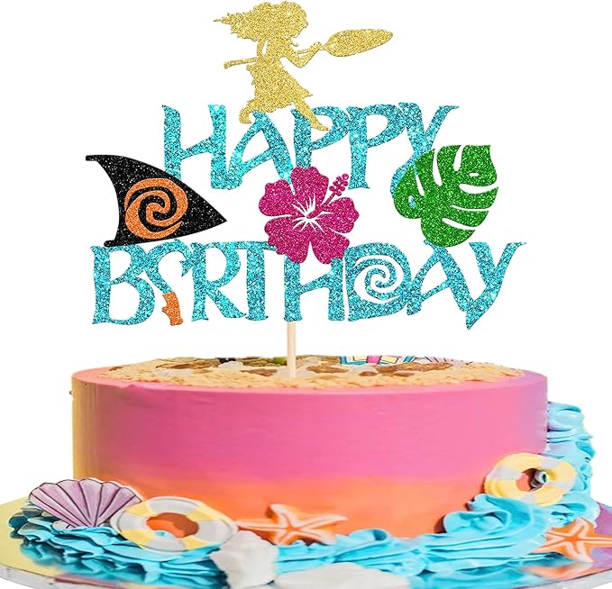 Rsstarxi 1 Pack Moana Happy Birthday Cake Topper Blue Glitter Palm Leaf Flower Cake Pick for Summer Hawaiian Tropical Luau Baby Shower Kids Birthday Party Cake Decorations Supplies