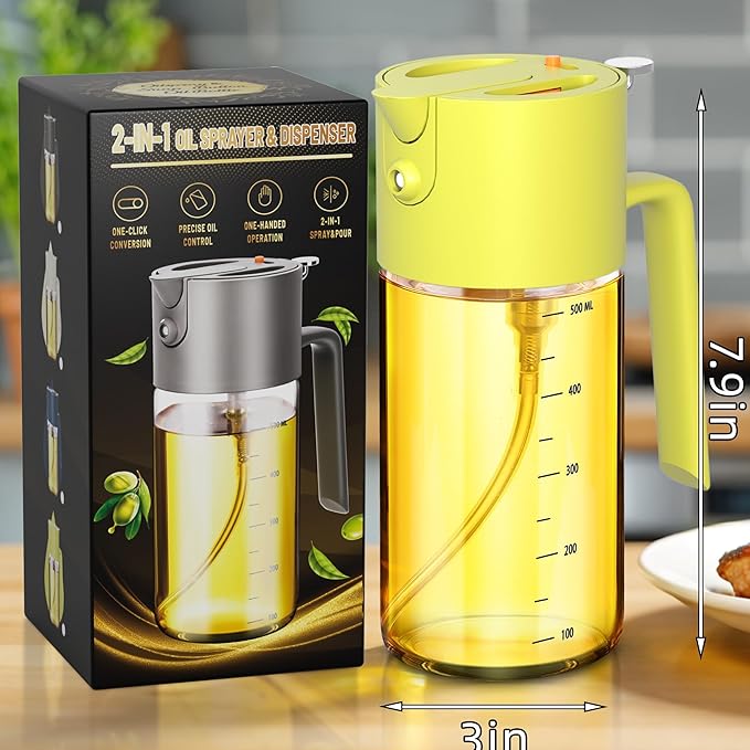 Oil Sprayer for Cooking, 2025 Large Advanced Olive Oil Dispenser Bottle,500ml/17oz Glass Olive Oil Sprayer,2 in 1 Even Spray with Portion Control for Kitchen, Air Fryer, Salad, BBQ - Yellow