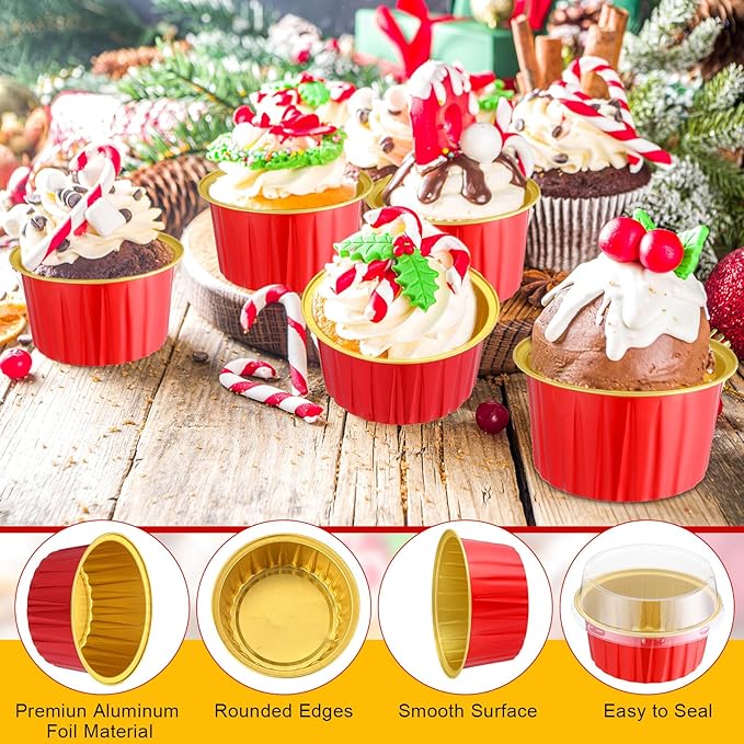 Gejoy 400 Pcs Aluminum Foil Baking Cups with Lids 5 oz Disposable Ramekins Mini Cake Pans Creme Brulee Cupcake Liners Muffin Tins Flan Mold Dessert Container for Wedding(Red,Gold,Classic)